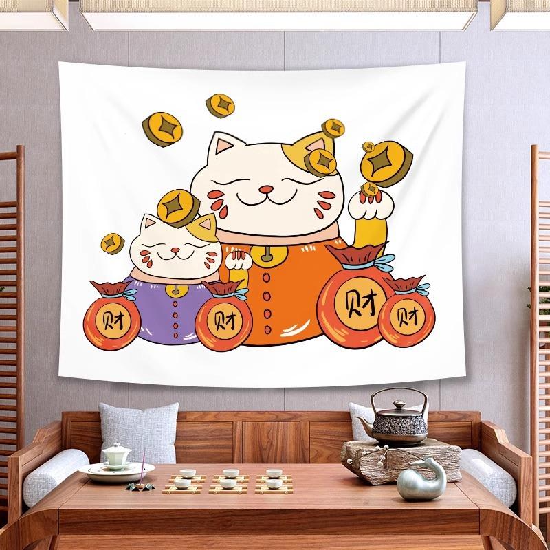 Japanese Koi Crane Tapestry Wall Hanging Lucky Cat Red Sun Fan Ukiyo E Wave Aesthetic Wall Art Bedroom Decor