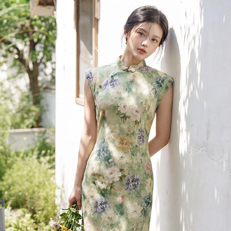 Green sleeveless national style new Chinese daily Suzhou long cheongsam improved young 1011 new women's high sense