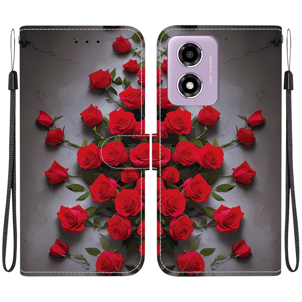 Handmade PU Leather Flip Case for Motorola Moto G04s / Moto E14 Anti-Slip Shockproof Cover with Wrist Strap & Heart/Rose Cat Designs