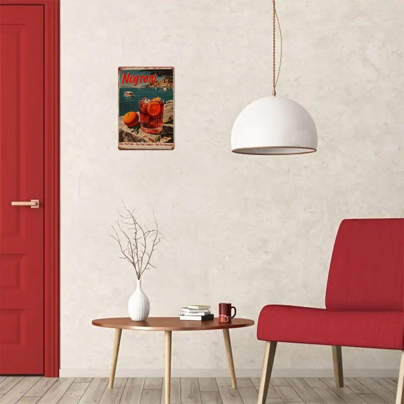 1pc, Negroni Cocktail Themed Retro Metal Tin Sign, Frameless Square Iron Hanging Picture, Vintage Style Painted Artwork
