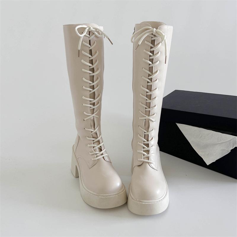 Beige British style thick heel lace-up platform boots women's 2025 new spring and autumn season height-increasing and thin knight boots