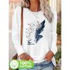 Damen Baumwolle Langarm T-Shirt Blatt und Vögel Lässiges Oberteil Herbst Winter Mode Damen T-Shirts Kleidung Künstlerischer Print Tee