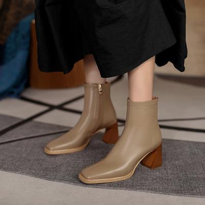 Ankle Boots For Women Square Toe Fashion Shoes Warm Winter Short Boots Zipper Square Heels Comfortable Lady Shoes