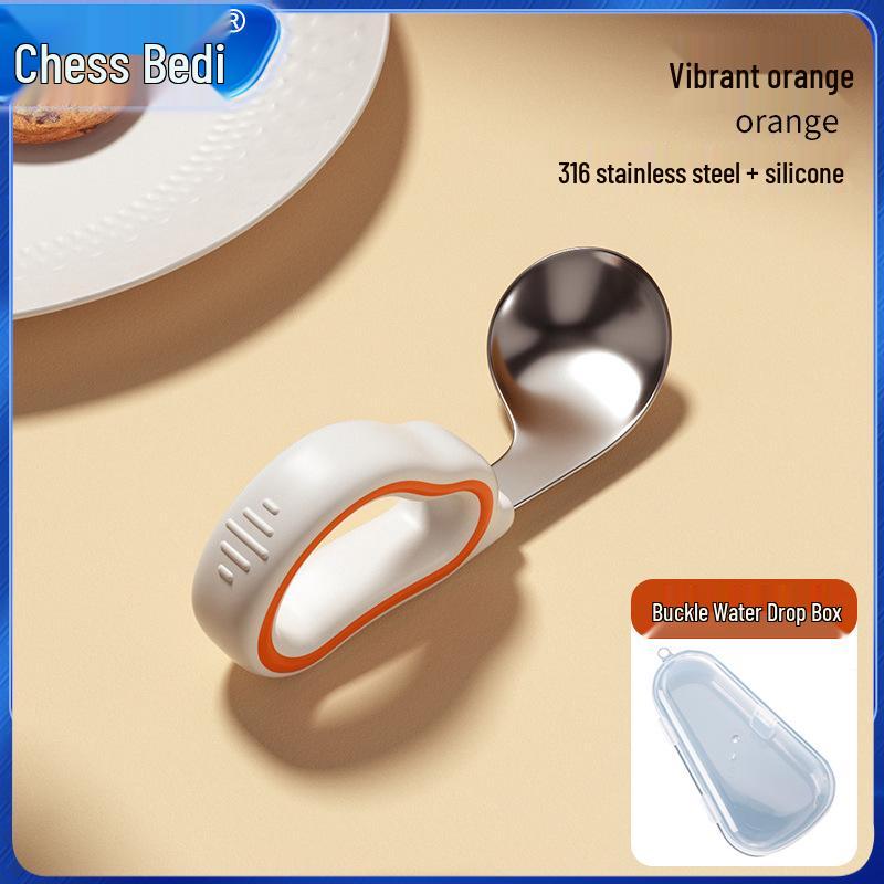 Infant Training Silicone Spoon & Fork Set - Stainless Steel, Short Handle, Bent Head for Learning To Eat