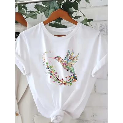 T-shirt Casual da Donna Taglia Europea con Disegno di Colibrì, Maniche Corte con Girocollo, Fantasia Floreale Vivace, Moda Primavera ed Estate