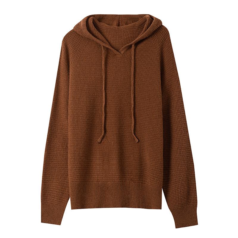 

Autumn new waffle seamless 0 pure wool sweater hooded loose pullover sweater women s knitted sweater jacket L