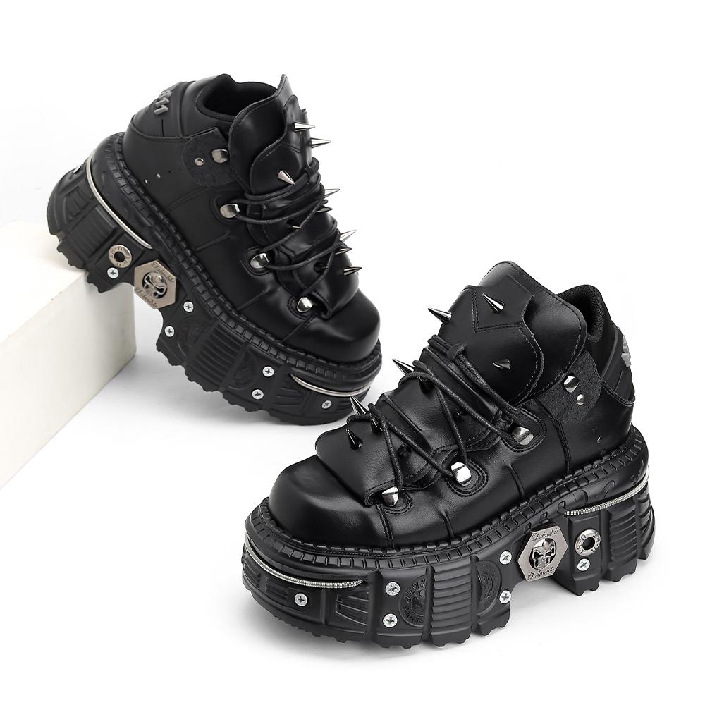 Nouvelles chaussures de style punk pour femmes, chaussures à lacets, hauteur de talon 6 cm, chaussures à plateforme, bottines gothiques rock, décoration en métal, baskets pour femmes