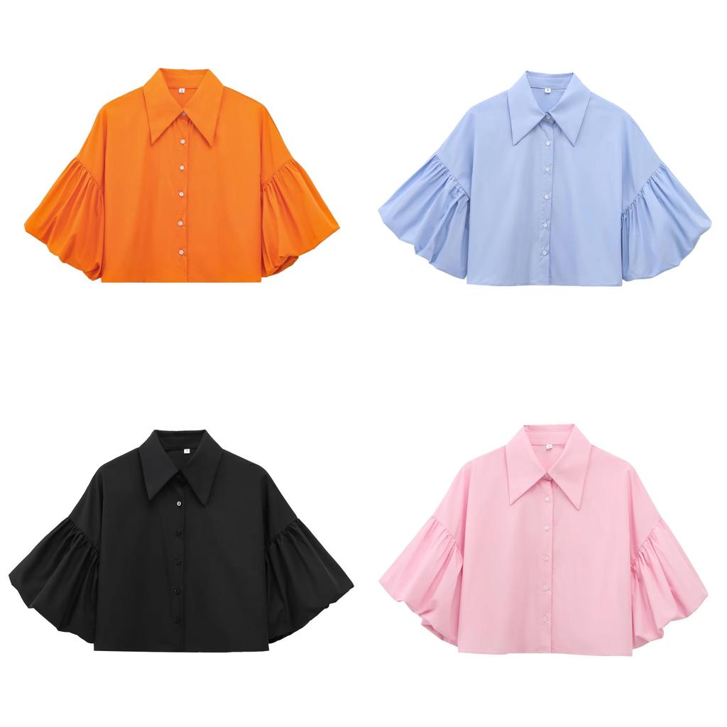 Classic Polyester Blouse With Bubble Sleeves For Women Spring Fashion