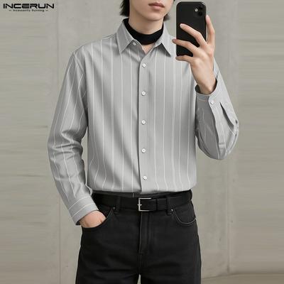 Oversized Men Turn-down Collar Long Sleeve Striped Casual Loose Shirts