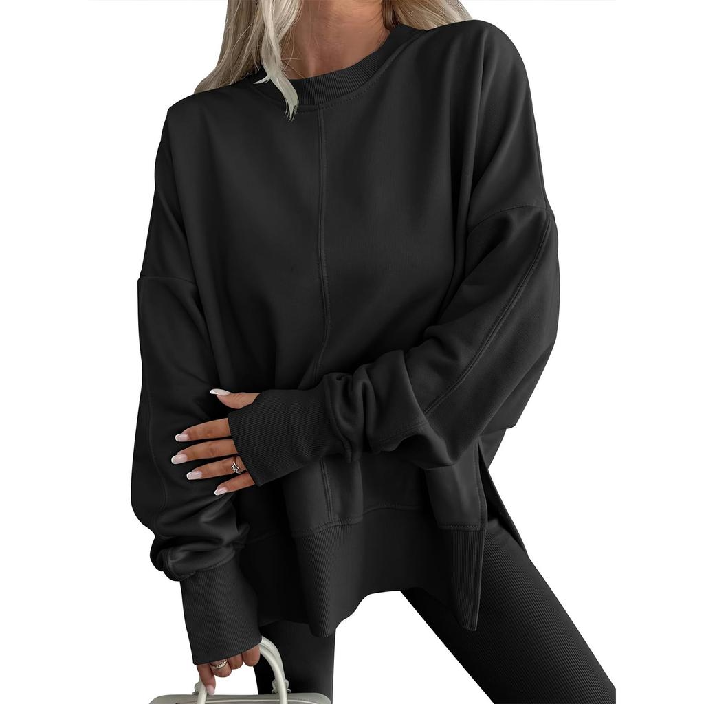 Women's Fashionable Round Neck Long Sleeved Sports Casual Color Blocked Pullover Sweater Sweatshirt Top