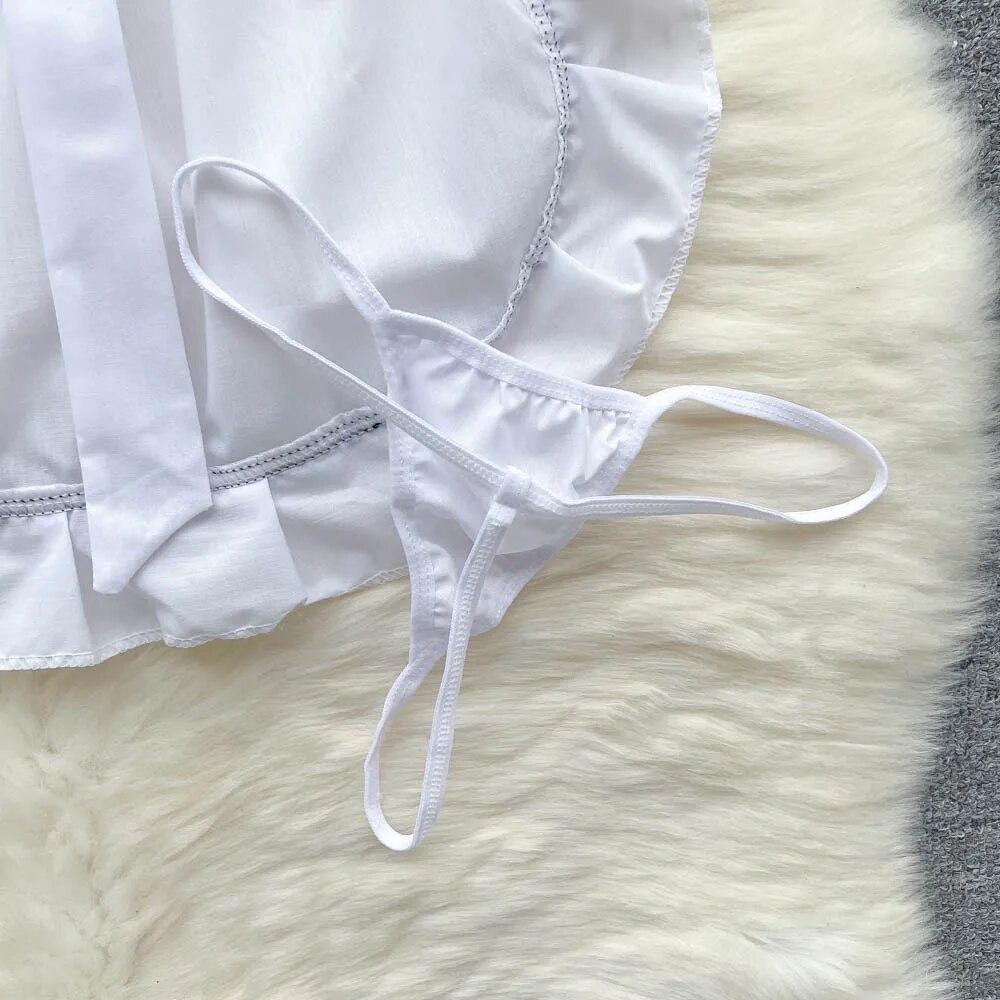 Sweet Bow Ruffles Erotic Pajams Dress Women A-line Sheath Short Tank Top Night Dress Cosplay Sexy Lingerie Nightwear