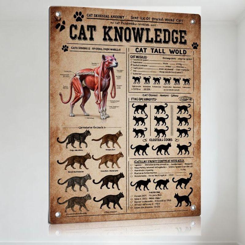 Vintage 'CAT KNOWLEDGE' Educational Tin Sign - Cat Skeletal & Muscular Anatomy, Breeds, Silhouettes Metal Poster for Bar Pub Hom