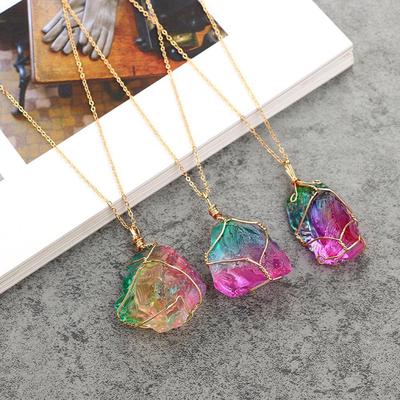Fashion Chakra Quartz Jewelry Irregular Rainbow Stone Natural Crystal Pendant Necklace