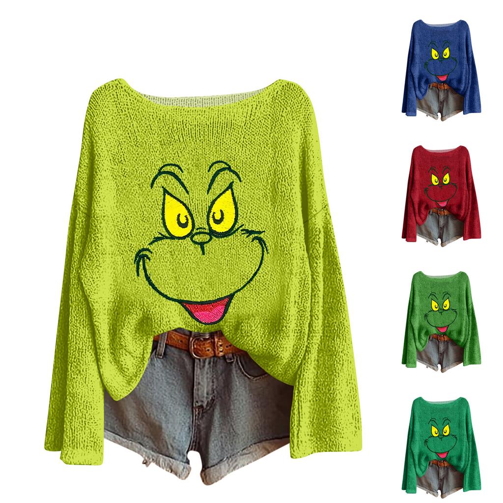 Women's Round Neck Lightweight Sweater Casual Long Sleeve Christmas Print Knit Pullover.