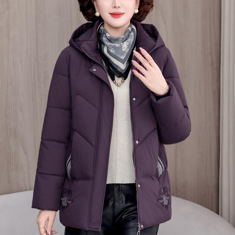 Plus Size XL-5XL Middle Age Woman Winter Coats Hooded Elegant Loose Thick Warm Embroidery Parkas Female Jacket