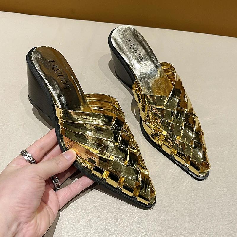 Fashion Summer Women Slippers Pointed Toe Slip On Ladies Shoes Fashion Lightweight Weave Slippers Platform Wedge Sandals Slides Women