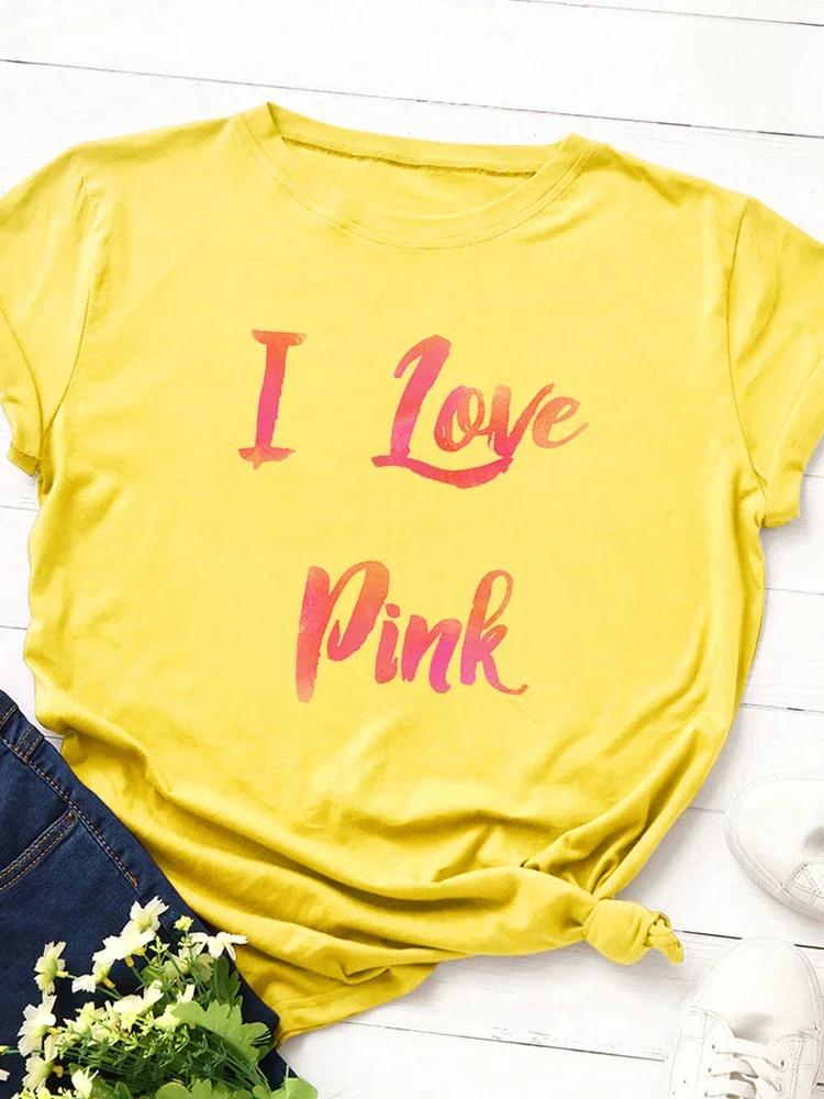 I Love Pink Letter Print Women T Shirt Short Sleeve O Neck Loose Women Tshirt Ladies Tee Shirt Tops Clothes Camisetas Mujer