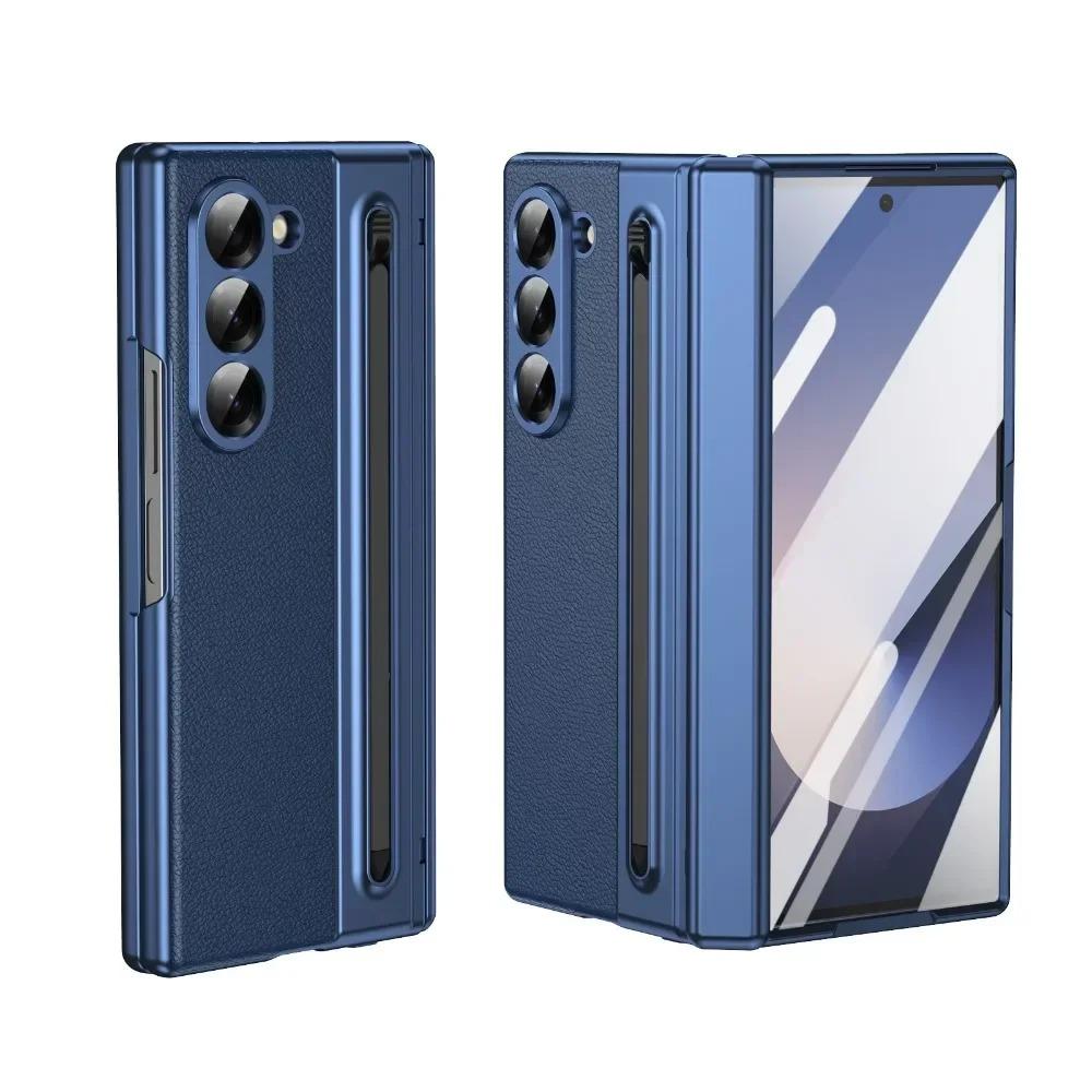 Luxury Plating Matte AG Pen Slot Leather Case For Samsung Galaxy Z Fold 7 6 5 4 3 Screen Film Hinged Shockproof Protector Cover