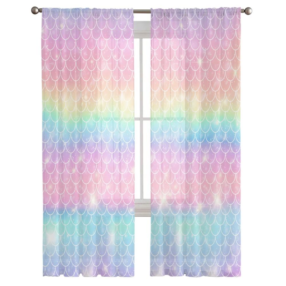 Mermaid Scales Ocean Rainbow Chiffon Sheer Curtains for Living Room Bedroom Home Decoration Window Voiles Tulle Curtain