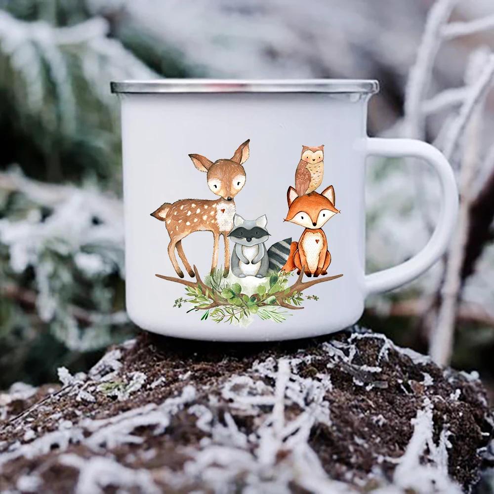 Cute Cartoon Animal Deer Raccoon Owl Print Mugs Creative Enamel Coffee Mugs Children Kids Breakfast Milk Dessert Cups Child Gift
