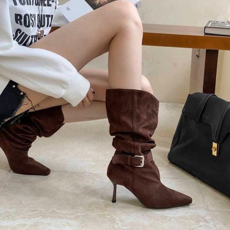 NEW Sexy Thin High Heels Street Style Brown Ankle Boots Women Pleated Buckle Strap Modern Booties Stripper Party Shoes