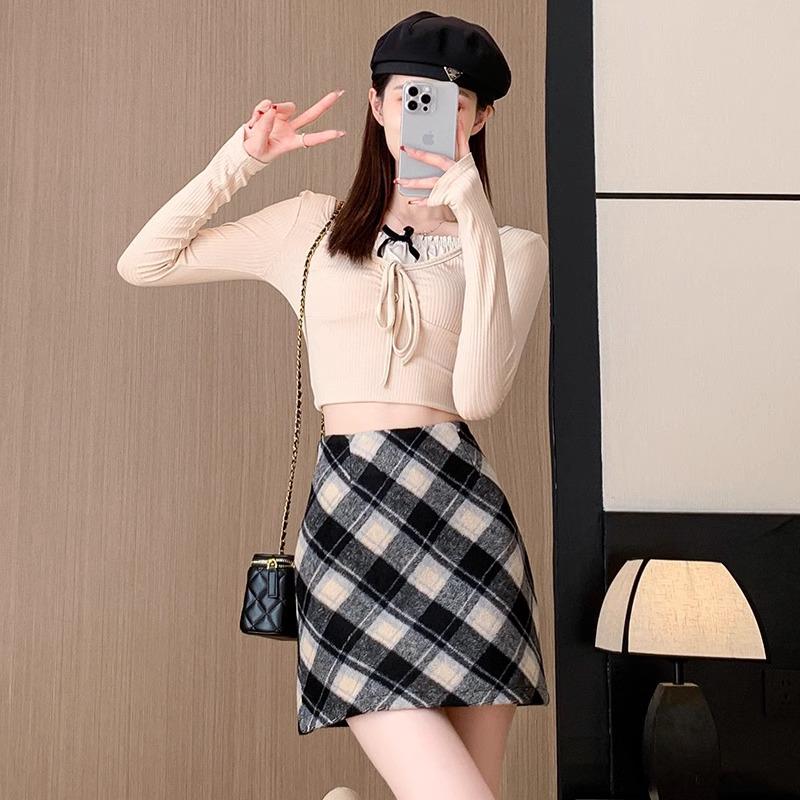 Women's High Waist Gray Plaid Woolen A-line Short Skirt - Autumn 2025 Edition