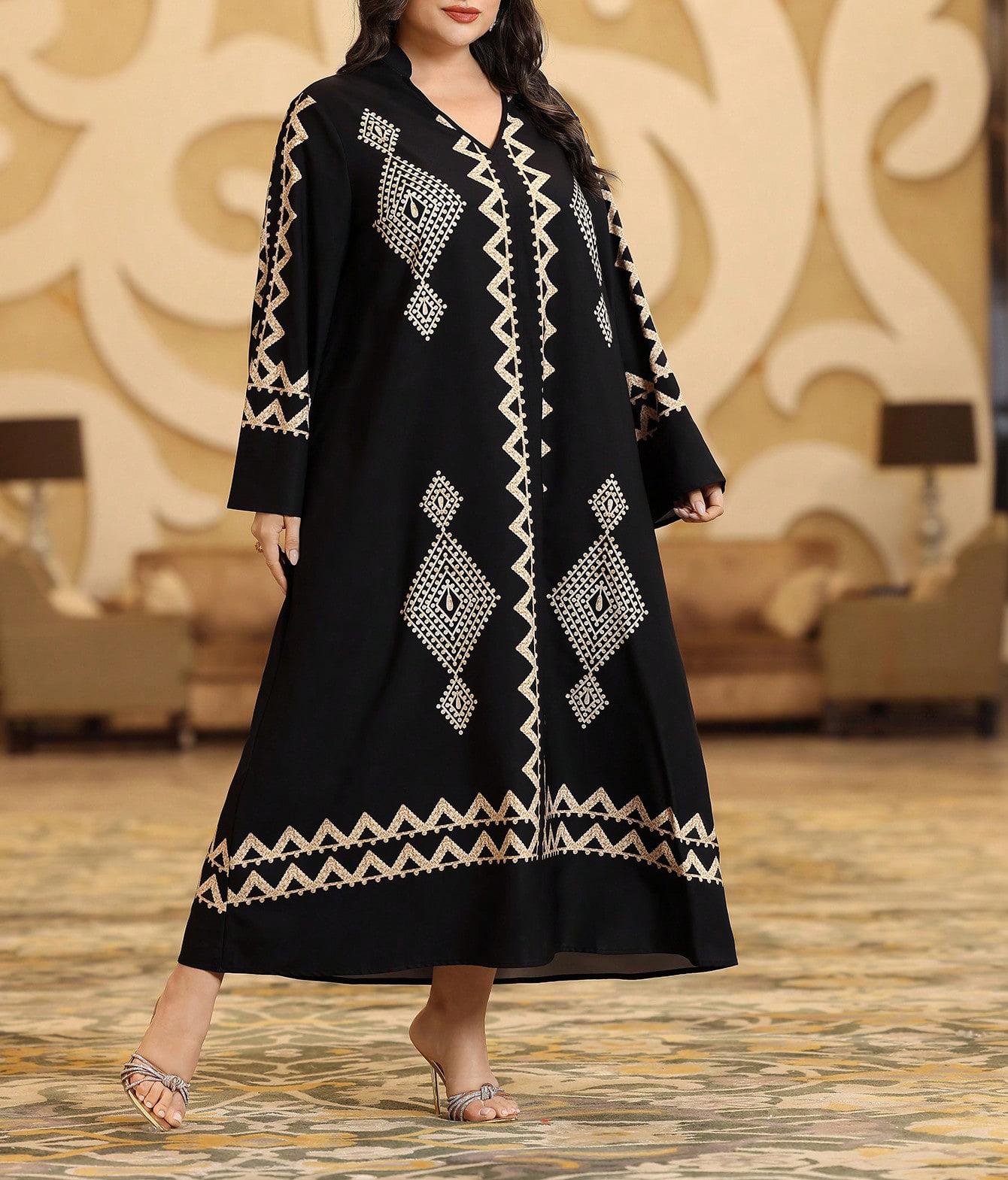 In-Stock Plus Size Chinese-Style Long-Sleeve Retro Print Dress for Spring/Summer 3XL чёрный