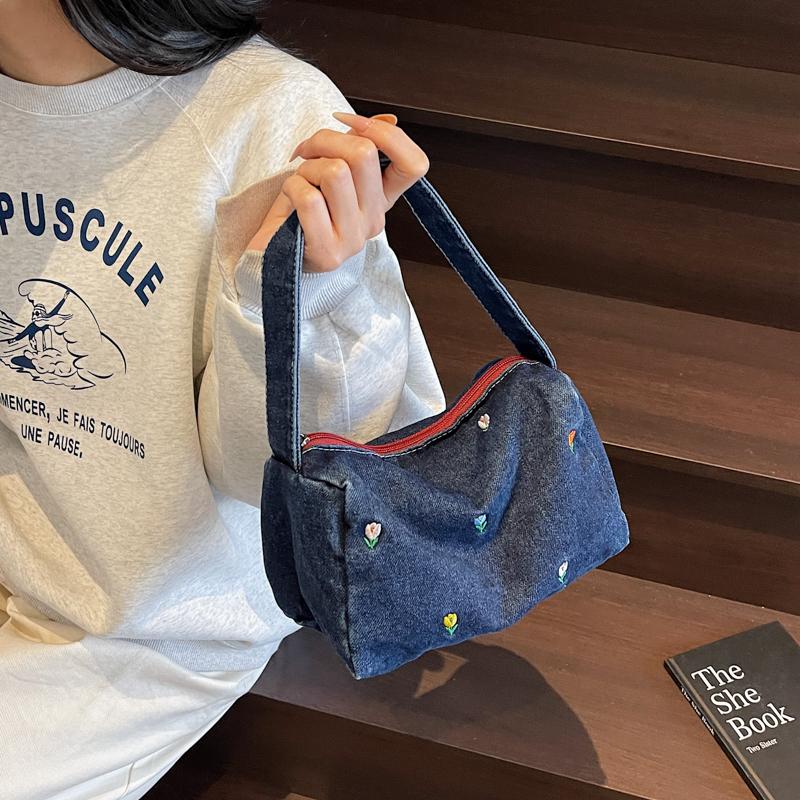 Denim Embroidery Flower Design Top-Handle Bags Women's Bags  Sale 2026 New Versatile Solid Zipper High Quality Shoulder Bags