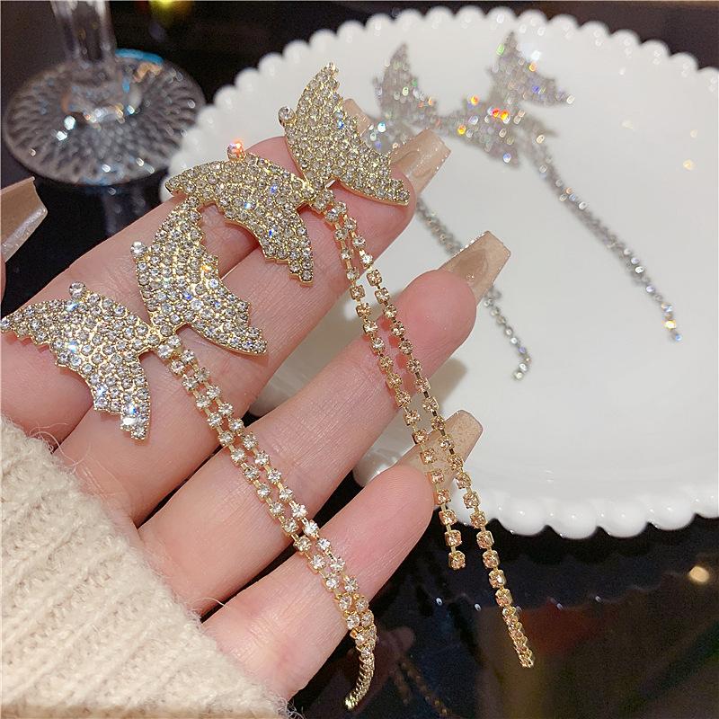 

Exaggerated full diamond butterfly earrings, 111 silver needle temperament, long fringe stud earrings, personality fashion Internet celebrity earrings 925 silver needle