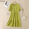 ZANZEA Women Casual Round Neck Solid Color Short Sleeve Dress