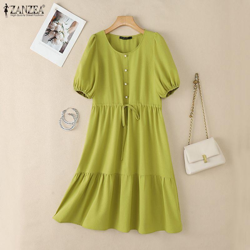 ZANZEA Women Casual Round Neck Solid Color Short Sleeve Dress