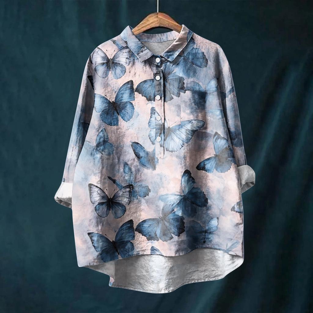 Women's Long Sleeve Shirt Button Vintage Floral Print Casual Hem Irregular Shirt Collar Top
