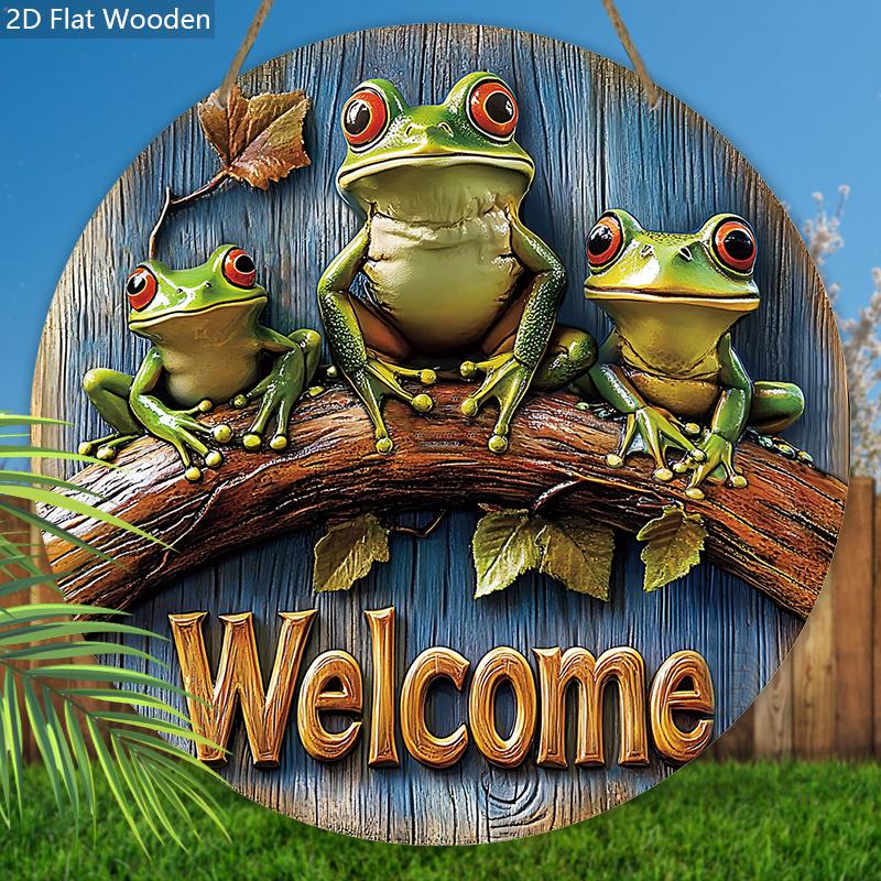 Unique Wooden Welcome Sign with Rainforest Tree Frog Pattern - Round Sign for Front Door, Wall Hanging Decor - Ideal Home Hanging Ornament