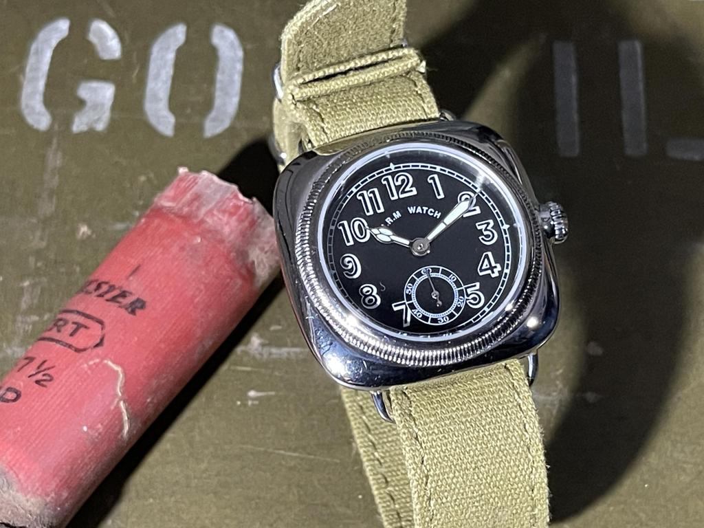 Military Watch Cushion Watch Black Dial Green Cloth Strap [M.R.M.W.]