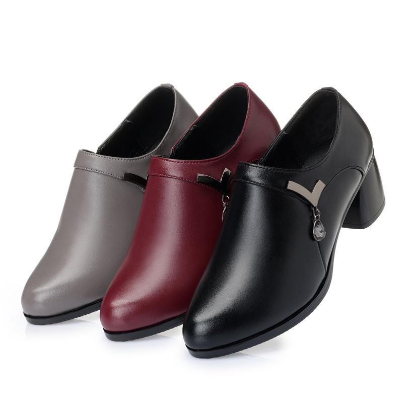 Genuine Leather Block Heel Deep Mouth Pumps Women Shoes Spring Autumn Female High Heels Shoes Ladies Office Party Shoes