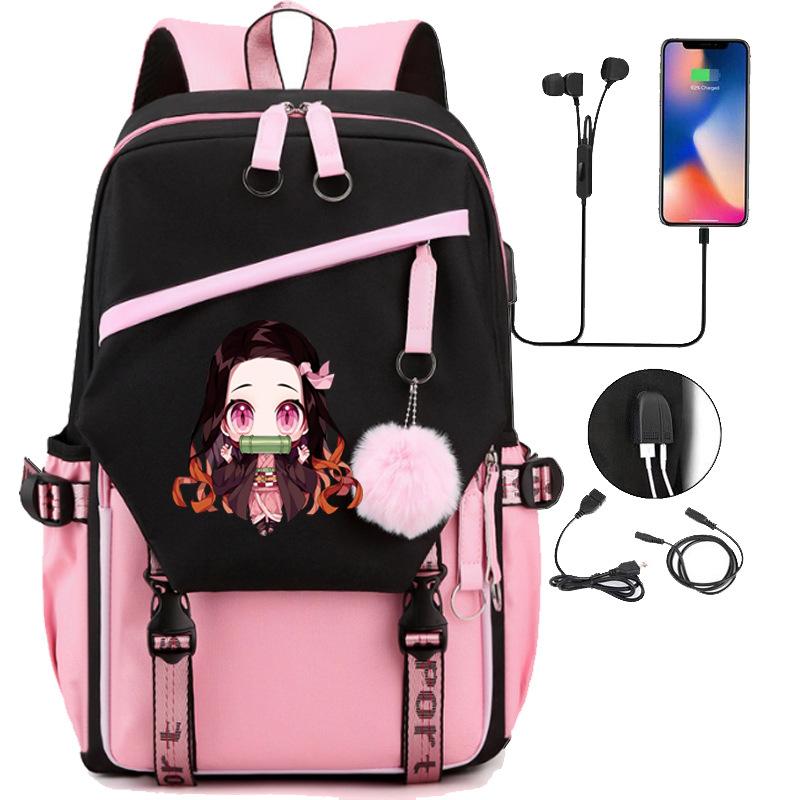 Japan cartoon comics Demon Slayer Large Capacity Backpack for Teenagers and Students USB Interface Laptop Bag 0007