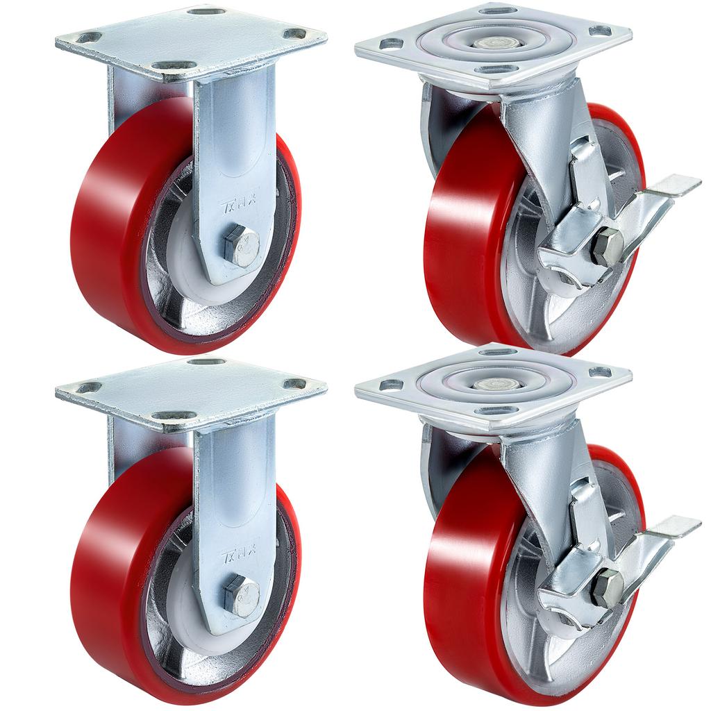 SucceBuy 4 Pack 6" X 2" Heavy Duty Iron Core Polyurethane 2 Rigid and 2 Swivel Casters Side Brake 1000LBS Capacity Per Wheel