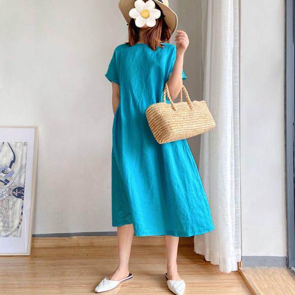 Cross-border Summer A-line Midi Dress: Short Sleeve, Solid Color, Literary Style, Women's Loose Fit