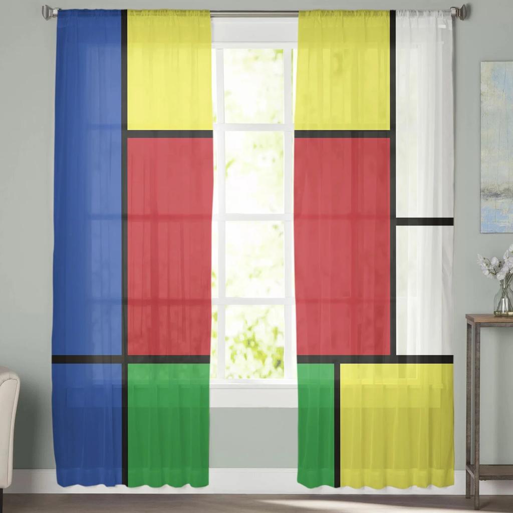 Abstract Geometric Block Tulle Curtains Modern Voile Sheer for Living Room Bedroom Kitchen