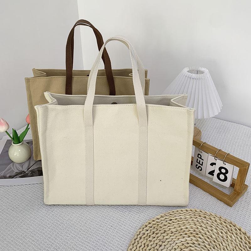 Simple and Stylish Large Capacity Hand-held Contrasting Canvas Bag, Japanese and Korean Three-dimensional Versatile Commuting Tote Bag