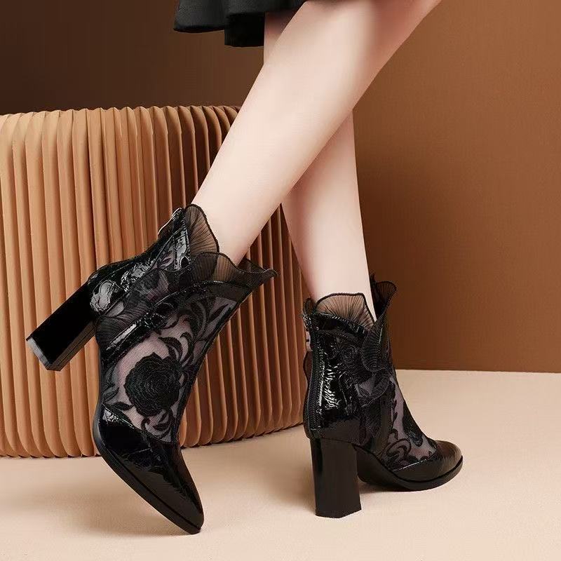 Fashion Cool Boots Summer New Ethnic Style Flower Mesh Sexy High Heels Thick Heel Breathable Embroidery