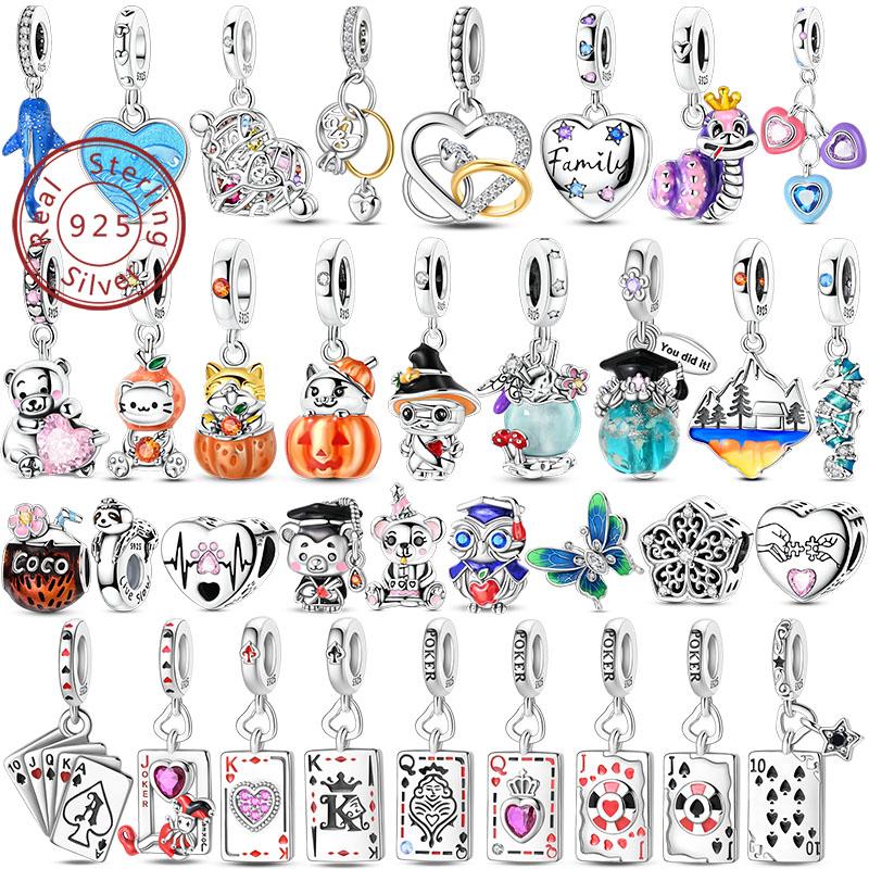 Argent S925 Chat Citrouille Carte à Jouer Ours de Diplôme Cheval de Mer 3mm Breloques Perles Design DIY Bijoux Fins