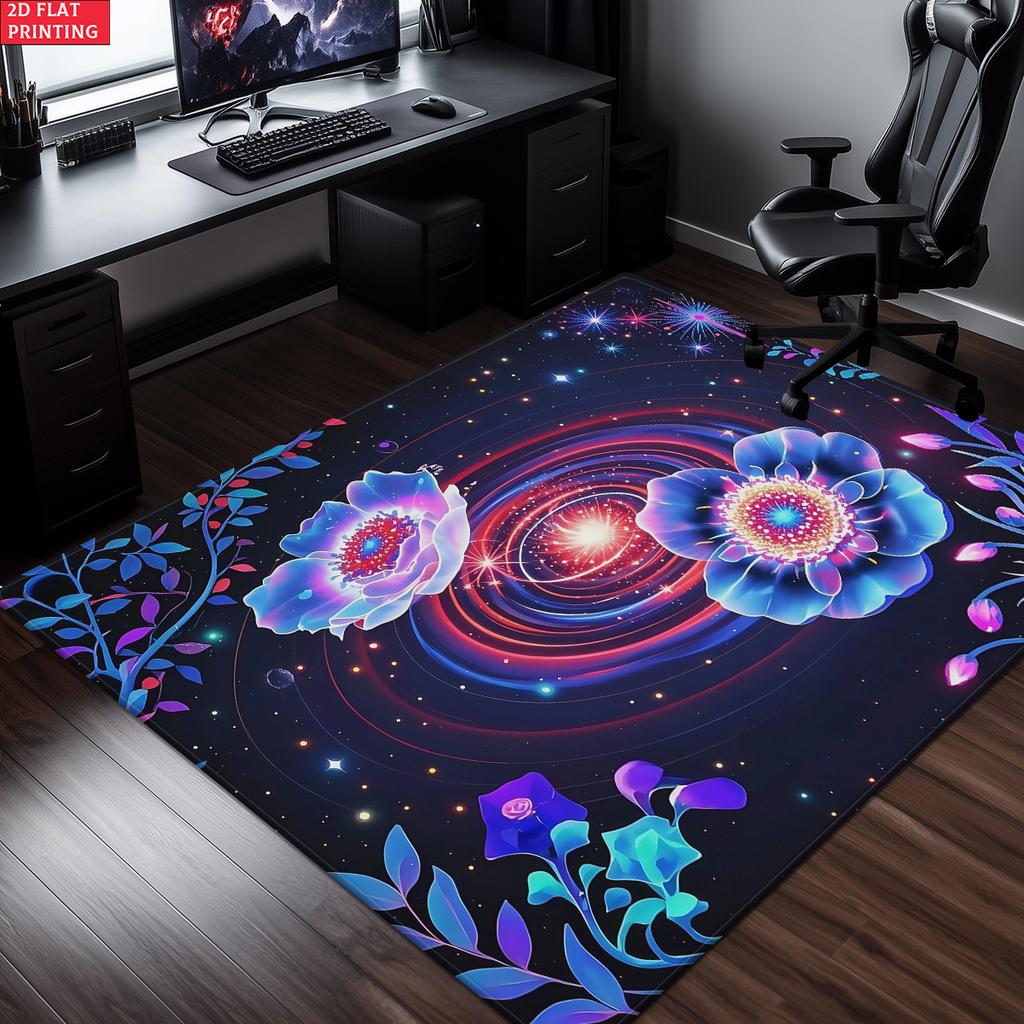 Galaxy Floral Area Rug, Psychedelic Space Flower Carpet for Living Room, Non-slip Starry Sky Floor Mat for Bedroom Home Decor