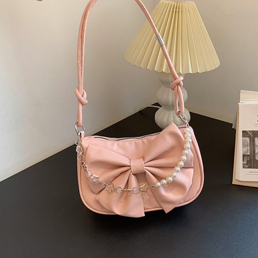 Solid Color Women Underarm Bag PU Leather Bow Handbag Simple Bowknot Shoulder Bag Office Worker
