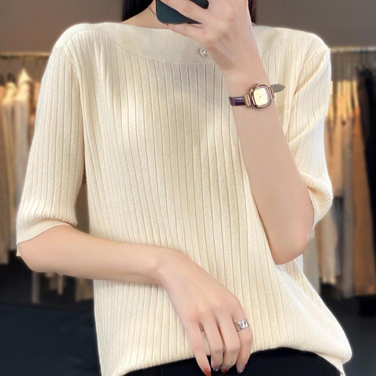 Five Quarter Sleeve Knitted Sweater for Women Solid Color Loose Sweater Casual Base Shirt French Style Mid Sleeve Sweater for Autumn