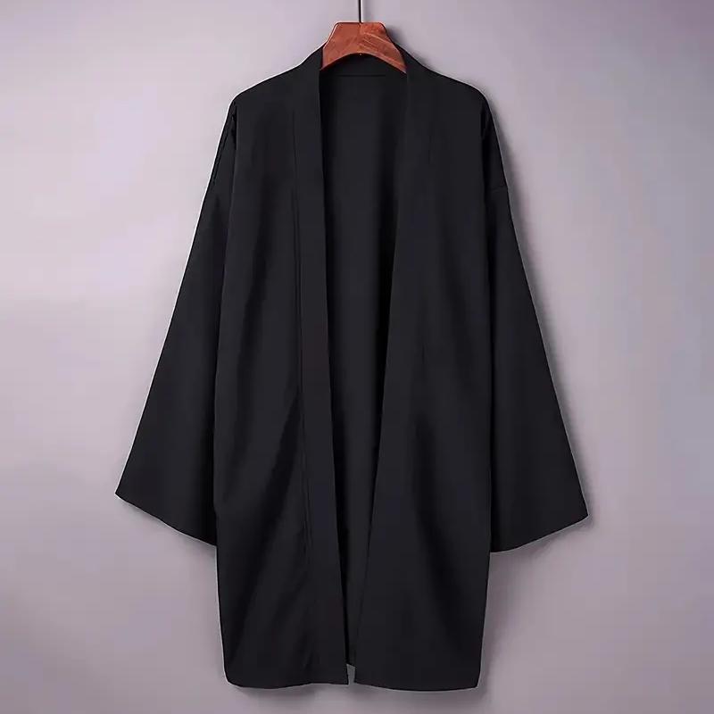 Pánské dlouhé jednobarevné japonské kimono pončo letní ležérní volné dámské yukata haori plážová černá košile hiyoshi