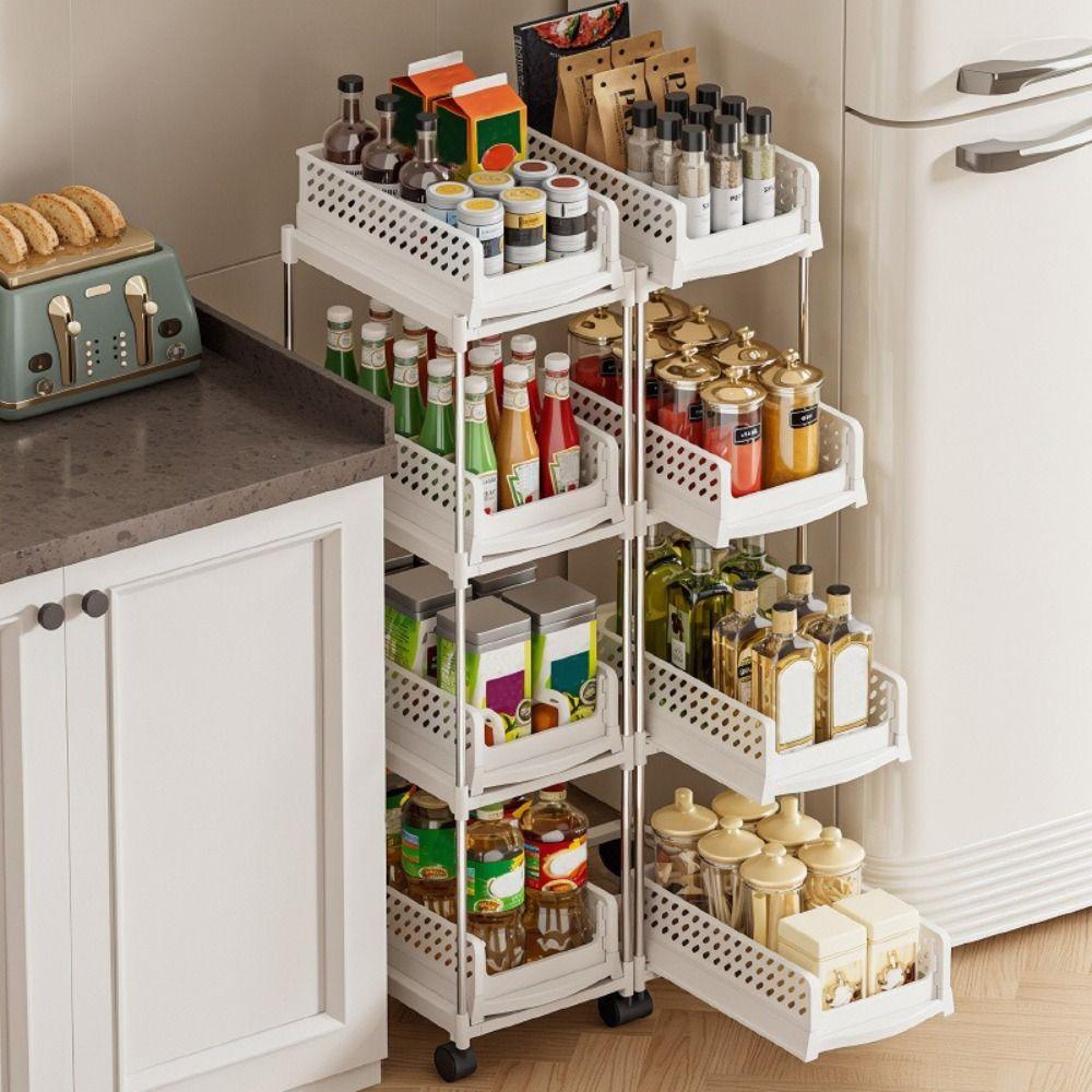 Pull-Out Design Mobile Storage Rack Tiered Structure Space-Saving Wheeled Organizer Multi-Layer Large Capacity