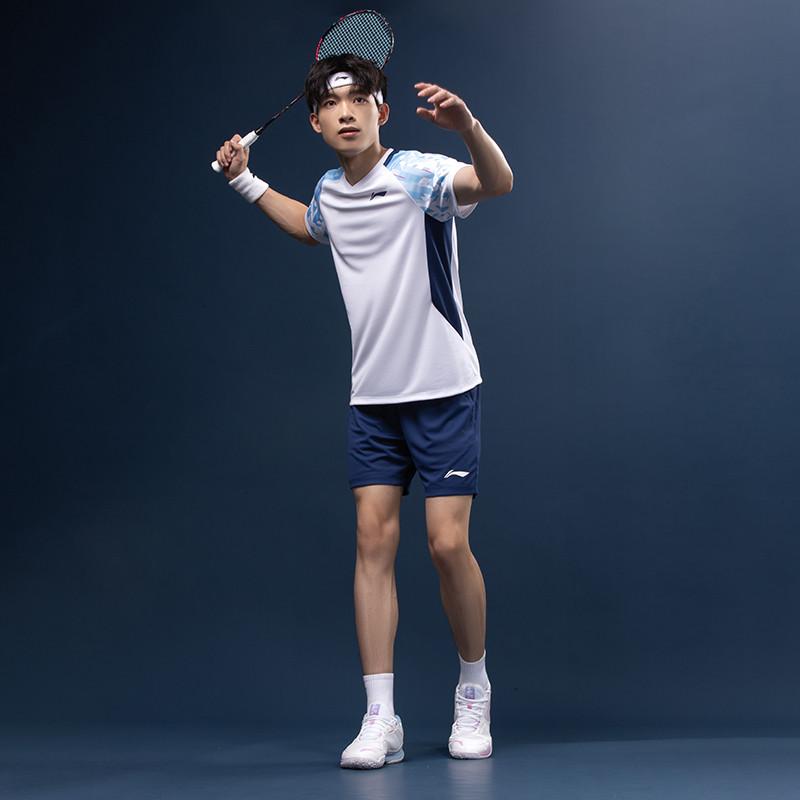 Li Ning Badminton Series Color Block Quick-Dry Breathable Training Competition Short Sleeve Shorts Casual Sports Suit Unisex suit AATV077-2