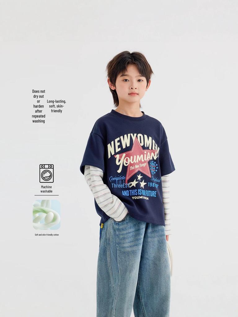 Boys' Autumn American Style Fake Two-Piece Long Sleeve Round Neck T-Shirt