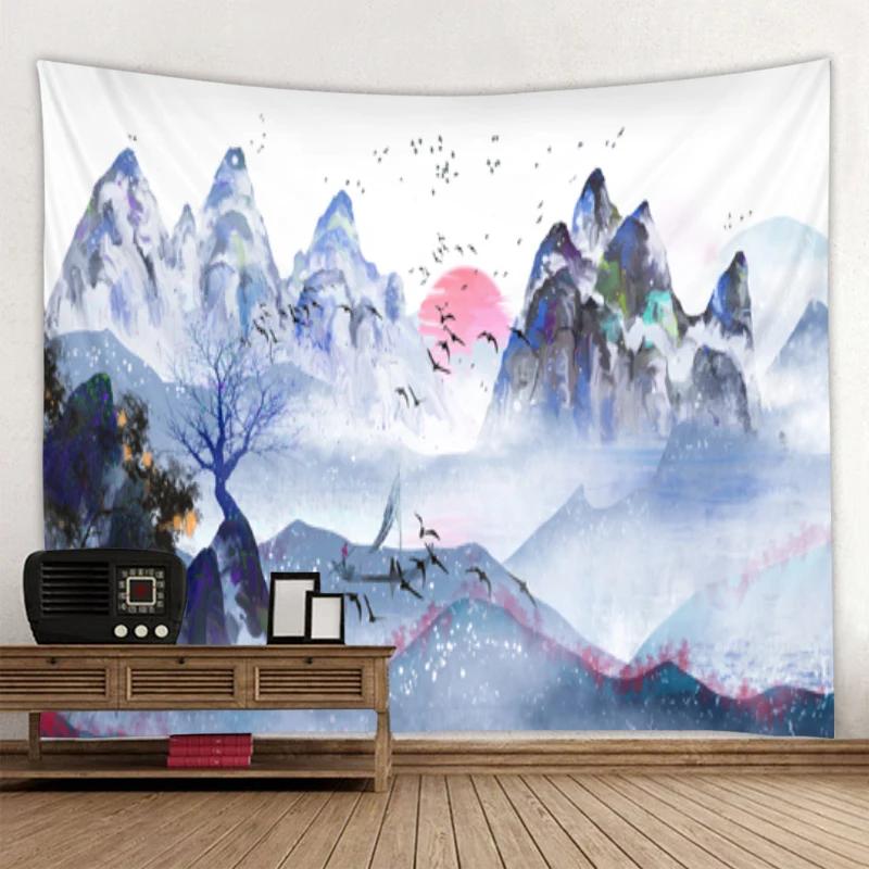 Beautiful Mountain Landscape Ink Painting Tapestry Art Decor Blanket Curtain Hanging At Home Bedroom Living Room Decoration